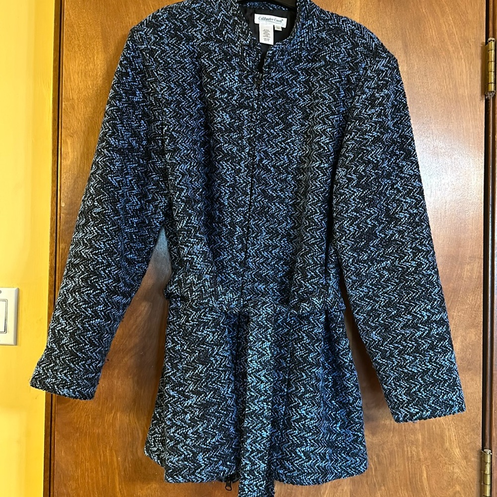 Blue & black fully lined, Coldwater Creek, zippered and belted, jacket, size 1X